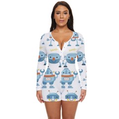 Seamless Pattern With Funny Robot Cartoon Long Sleeve Boyleg Swimsuit