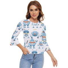 Seamless Pattern With Funny Robot Cartoon Bell Sleeve Top