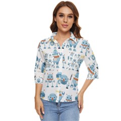 Seamless Pattern With Funny Robot Cartoon Women s Quarter Sleeve Pocket Shirt