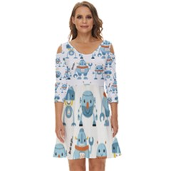 Seamless Pattern With Funny Robot Cartoon Shoulder Cut Out Zip Up Dress