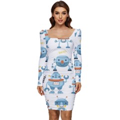 Seamless Pattern With Funny Robot Cartoon Women Long Sleeve Ruched Stretch Jersey Dress by Jancukart