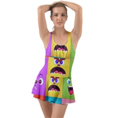 Monsters Emotions Scary Faces Masks With Mouth Eyes Aliens Monsters Emoticon Set Ruffle Top Dress Swimsuit