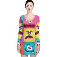 Monsters Emotions Scary Faces Masks With Mouth Eyes Aliens Monsters Emoticon Set Long Sleeve Velvet Bodycon Dress