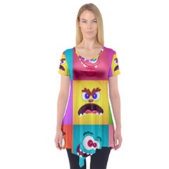 Monsters Emotions Scary Faces Masks With Mouth Eyes Aliens Monsters Emoticon Set Short Sleeve Tunic 