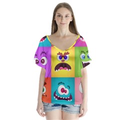 Monsters Emotions Scary Faces Masks With Mouth Eyes Aliens Monsters Emoticon Set V-neck Flutter Sleeve Top by Jancukart