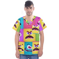 Monsters Emotions Scary Faces Masks With Mouth Eyes Aliens Monsters Emoticon Set Men s V-neck Scrub Top