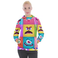 Monsters Emotions Scary Faces Masks With Mouth Eyes Aliens Monsters Emoticon Set Women s Hooded Pullover