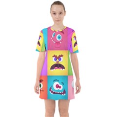 Monsters Emotions Scary Faces Masks With Mouth Eyes Aliens Monsters Emoticon Set Sixties Short Sleeve Mini Dress