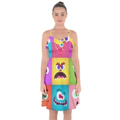 Monsters Emotions Scary Faces Masks With Mouth Eyes Aliens Monsters Emoticon Set Ruffle Detail Chiffon Dress