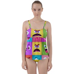 Monsters Emotions Scary Faces Masks With Mouth Eyes Aliens Monsters Emoticon Set Twist Front Tankini Set