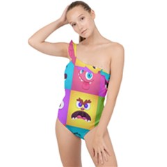 Monsters Emotions Scary Faces Masks With Mouth Eyes Aliens Monsters Emoticon Set Frilly One Shoulder Swimsuit by Jancukart