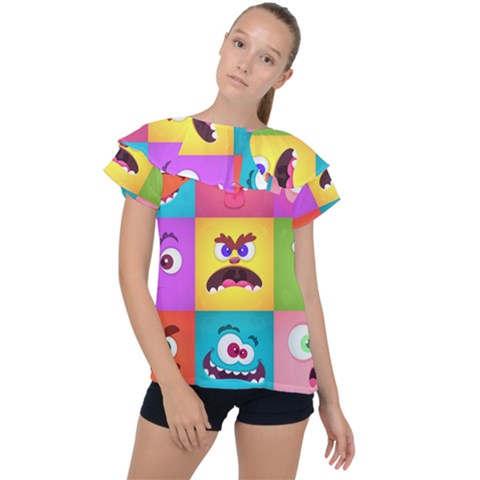 Monsters Emotions Scary Faces Masks With Mouth Eyes Aliens Monsters Emoticon Set Ruffle Collar Chiffon Blouse by Jancukart