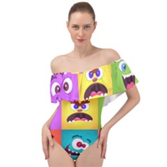 Monsters Emotions Scary Faces Masks With Mouth Eyes Aliens Monsters Emoticon Set Off Shoulder Velour Bodysuit 