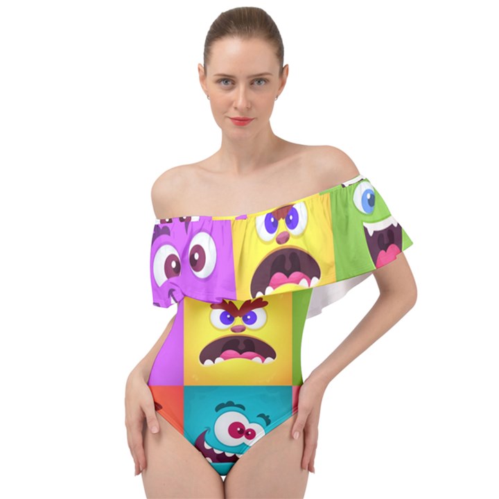 Monsters Emotions Scary Faces Masks With Mouth Eyes Aliens Monsters Emoticon Set Off Shoulder Velour Bodysuit 