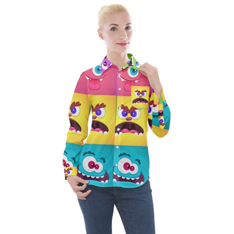 Monsters Emotions Scary Faces Masks With Mouth Eyes Aliens Monsters Emoticon Set Women s Long Sleeve Pocket Shirt by Jancukart