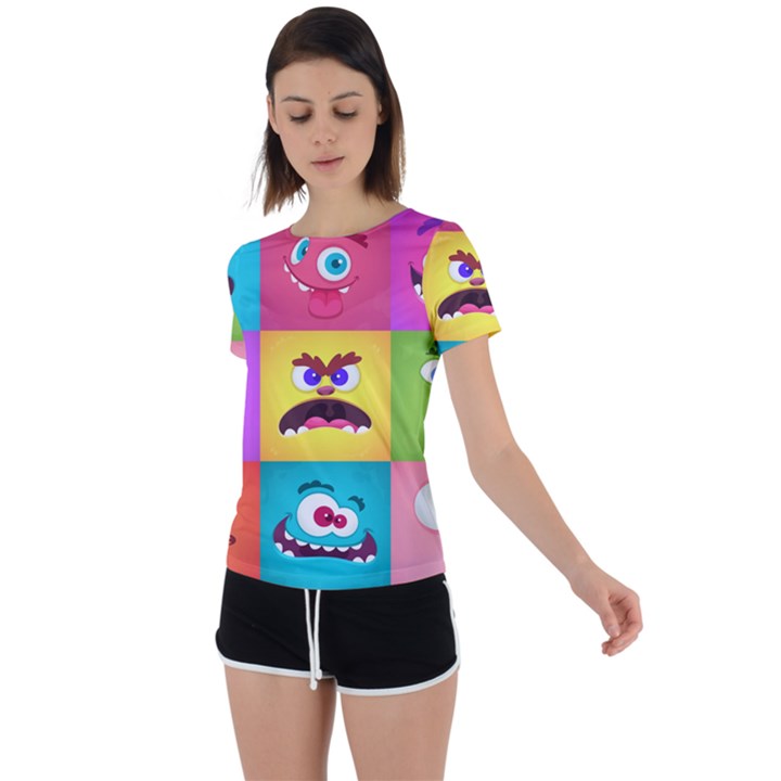 Monsters Emotions Scary Faces Masks With Mouth Eyes Aliens Monsters Emoticon Set Back Circle Cutout Sports Tee