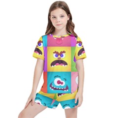 Monsters Emotions Scary Faces Masks With Mouth Eyes Aliens Monsters Emoticon Set Kids  Tee And Sports Shorts Set