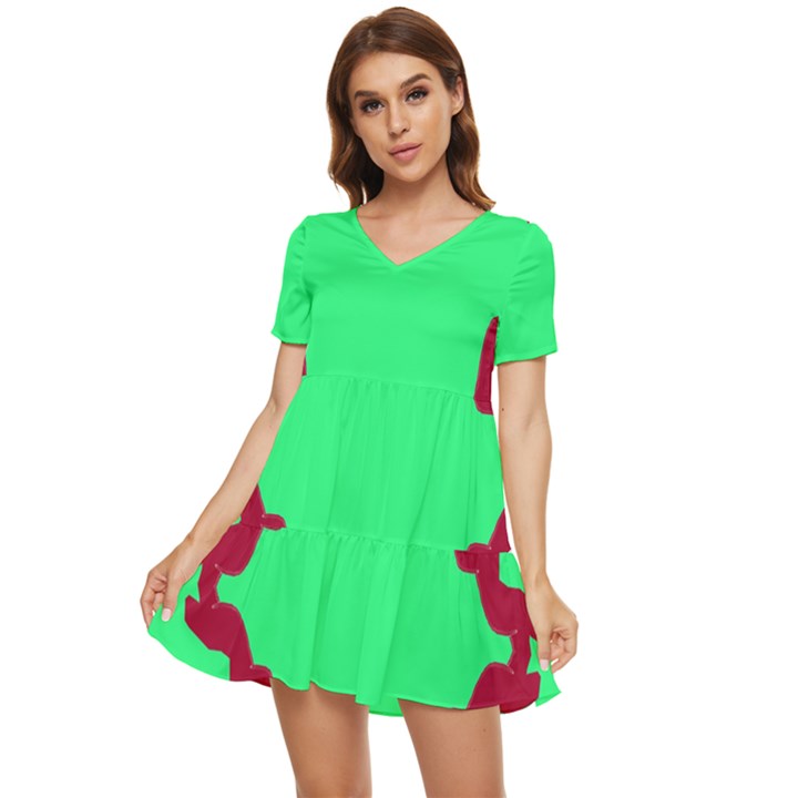 Red and Green Color Block Tiered Short Sleeve Babydoll Dress