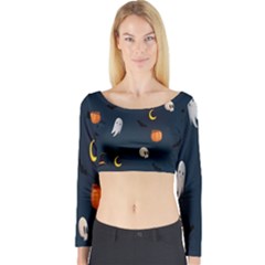 Halloween Ghost Pumpkin Bat Skull Long Sleeve Crop Top by artworkshop