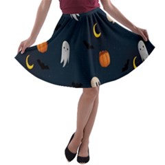 Halloween Ghost Pumpkin Bat Skull A-line Skater Skirt by artworkshop