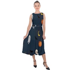 Halloween Ghost Pumpkin Bat Skull Midi Tie-back Chiffon Dress by artworkshop