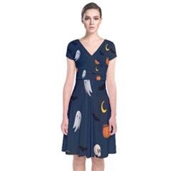 Halloween Ghost Pumpkin Bat Skull Short Sleeve Front Wrap Dress by artworkshop