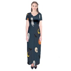 Halloween Ghost Pumpkin Bat Skull Short Sleeve Maxi Dress