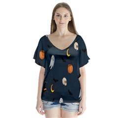 Halloween Ghost Pumpkin Bat Skull V-neck Flutter Sleeve Top by artworkshop