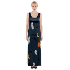 Halloween Ghost Pumpkin Bat Skull Thigh Split Maxi Dress by artworkshop