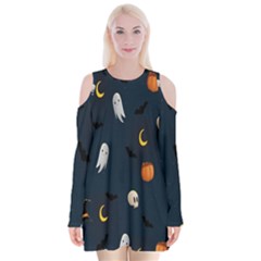 Halloween Ghost Pumpkin Bat Skull Velvet Long Sleeve Shoulder Cutout Dress by artworkshop