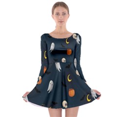 Halloween Ghost Pumpkin Bat Skull Long Sleeve Skater Dress by artworkshop