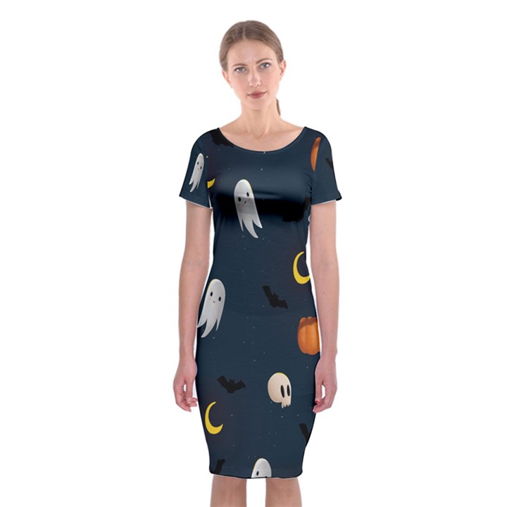 Halloween Ghost Pumpkin Bat Skull Classic Short Sleeve Midi Dress