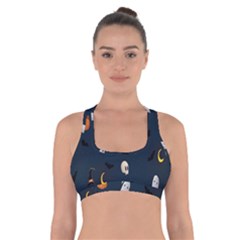 Halloween Ghost Pumpkin Bat Skull Cross Back Sports Bra by artworkshop