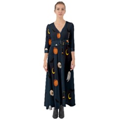 Halloween Ghost Pumpkin Bat Skull Button Up Boho Maxi Dress by artworkshop