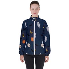 Halloween Ghost Pumpkin Bat Skull Women s High Neck Windbreaker by artworkshop