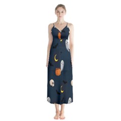 Halloween Ghost Pumpkin Bat Skull Button Up Chiffon Maxi Dress by artworkshop