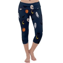 Halloween Ghost Pumpkin Bat Skull Capri Yoga Leggings by artworkshop