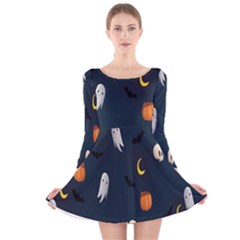 Halloween Ghost Pumpkin Bat Skull Long Sleeve Velvet Skater Dress by artworkshop