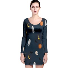 Halloween Ghost Pumpkin Bat Skull Long Sleeve Velvet Bodycon Dress by artworkshop