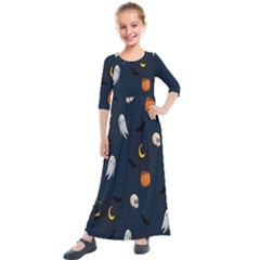 Halloween Ghost Pumpkin Bat Skull Kids  Quarter Sleeve Maxi Dress by artworkshop