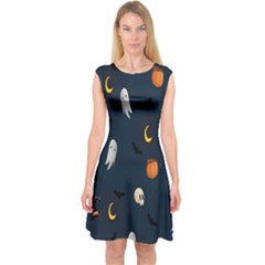 Halloween Ghost Pumpkin Bat Skull Capsleeve Midi Dress by artworkshop