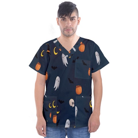 Halloween Ghost Pumpkin Bat Skull Men s V-neck Scrub Top by artworkshop