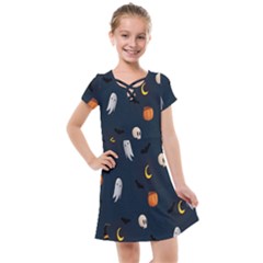 Halloween Ghost Pumpkin Bat Skull Kids  Cross Web Dress by artworkshop