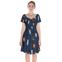 Halloween Ghost Pumpkin Bat Skull Short Sleeve Bardot Dress by artworkshop