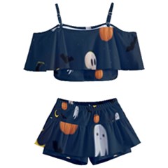 Halloween Ghost Pumpkin Bat Skull Kids  Off Shoulder Skirt Bikini by artworkshop