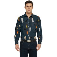 Halloween Ghost Pumpkin Bat Skull Men s Long Sleeve Pocket Shirt  by artworkshop