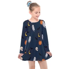 Halloween Ghost Pumpkin Bat Skull Kids  Long Sleeve Dress by artworkshop