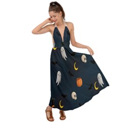 Halloween Ghost Pumpkin Bat Skull Backless Maxi Beach Dress by artworkshop