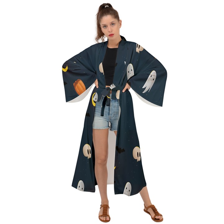 Halloween Ghost Pumpkin Bat Skull Maxi Kimono