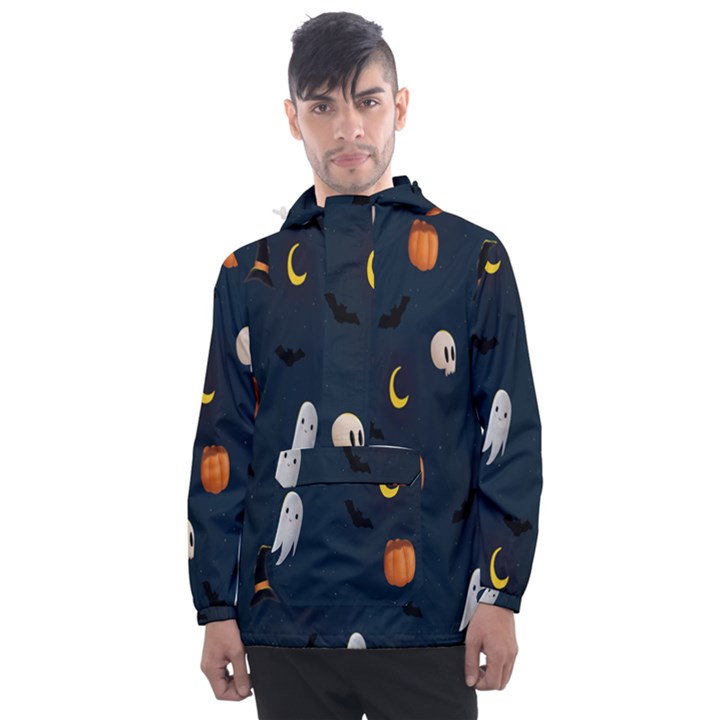 Halloween Ghost Pumpkin Bat Skull Men s Front Pocket Pullover Windbreaker